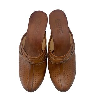 KORS Michael Kors Perforated Tan Leather Slip-On Clogs